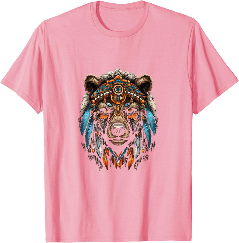 Native American Day American Indian Pride Bear Native American Indian Headdress Feather Tribal Bears T-Shirt - Pink