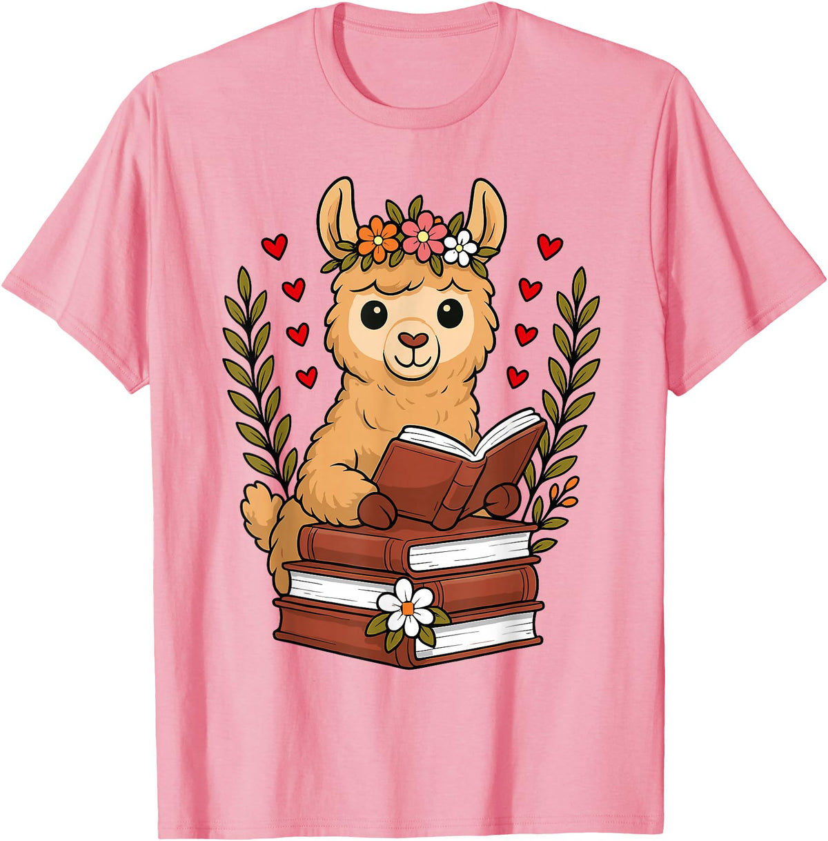 Bookworm Cute Llama Reading Book Llama Reading Book Graphic Llama with Book Floral T-Shirt - Pink