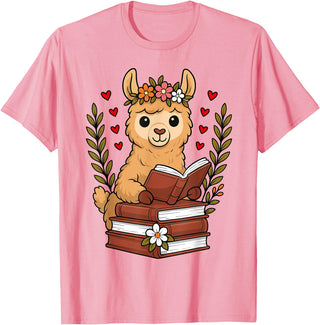 Bookworm Cute Llama Reading Book Llama Reading Book Graphic Llama with Book Floral T-Shirt - Pink