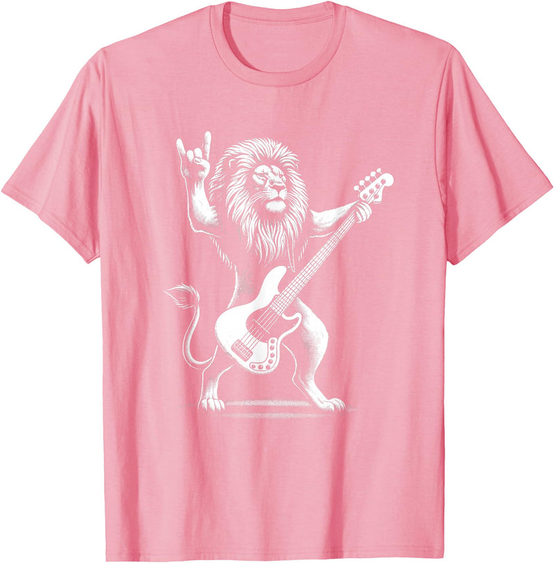 Funny Guitar Lion Lovers Costume for Guitarist Rock n Roll Lion Playing Guitar Funny Men Women Lion T-Shirt - Pink