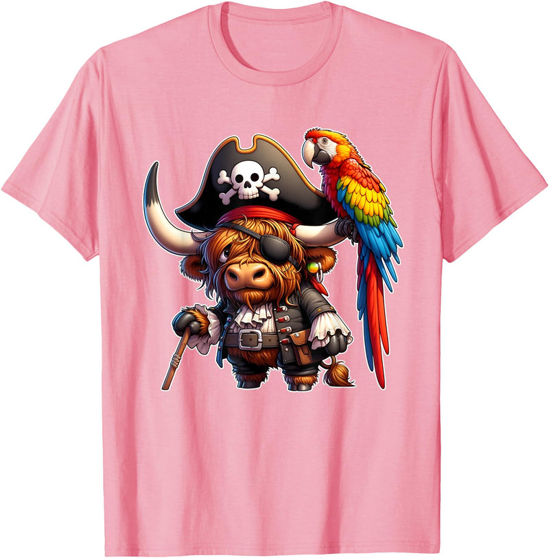 Funny Pirate Highland Cow Apparel Pirate Highland Cow with Colorful Parrot T-Shirt - Pink