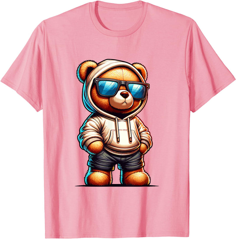Rappers Aesthetic Urban Teddy Bear Graphic Hip Hop Teddy Bear Graphic Bears Cool Hip Hop Streetwear Colorful T-Shirt - Pink