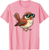 Chipper Feather Co Bird: Sparrow in Sunglasses, Cool Cartoon Avian Attitude T-Shirt - Pink
