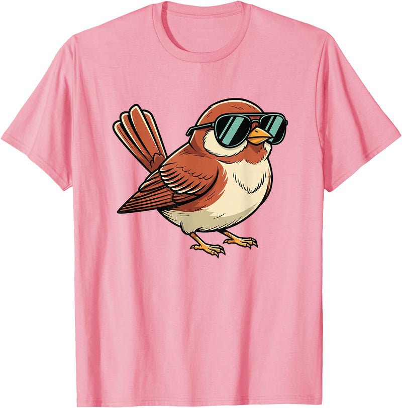 Chipper Feather Co Bird: Sparrow in Sunglasses, Cool Cartoon Avian Attitude T-Shirt - Pink