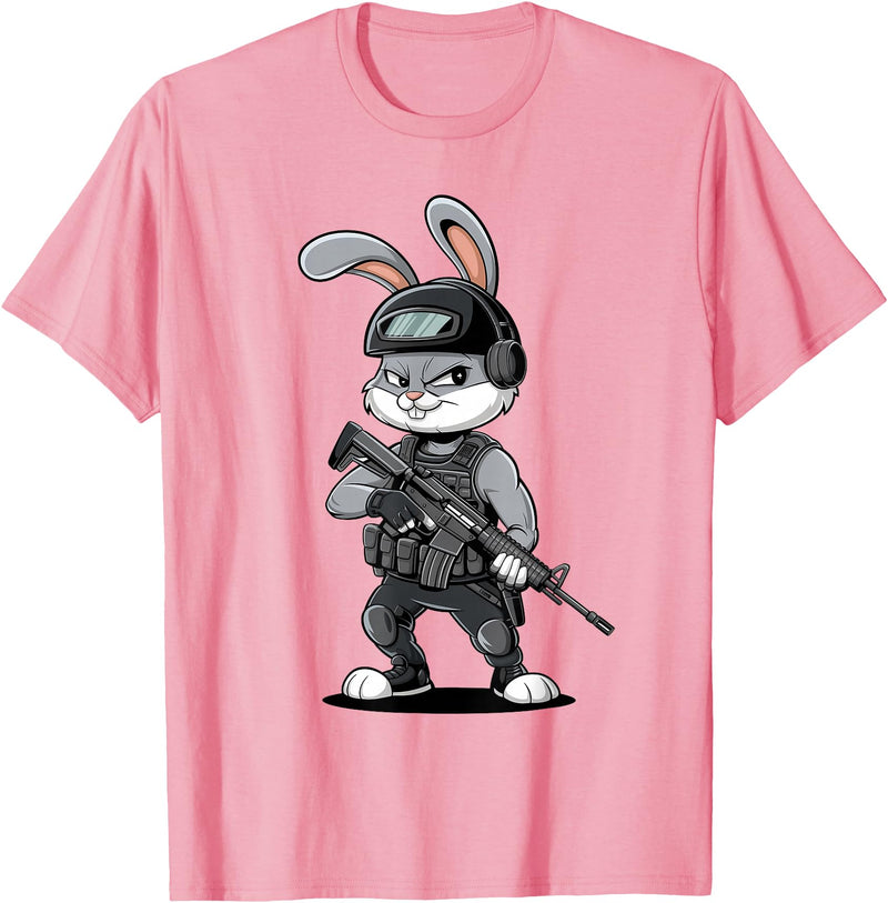 Armed Bunny Easter Military Rabbit Graphic for Men T-Shirt in Pink