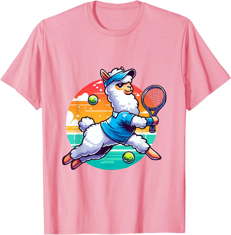 Funny Cute Animals Playing Tennis Apparel Llama Playing Tennis in Front of a Sunset T-Shirt - Pink