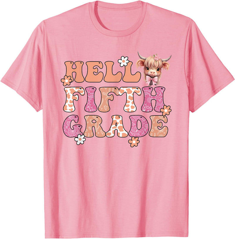 Highland Cow Print First Day of Fifth Grade Tees Hello Fifth Grade Highland Cow Back To School 5th Grade T-Shirt - Pink