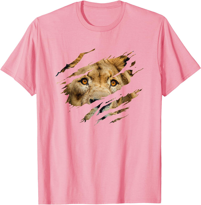 Lion Graphic - Wild Animal Lover Design Lion Outfit - Torn Design Picture Of A Lion's Face T-Shirt - Pink