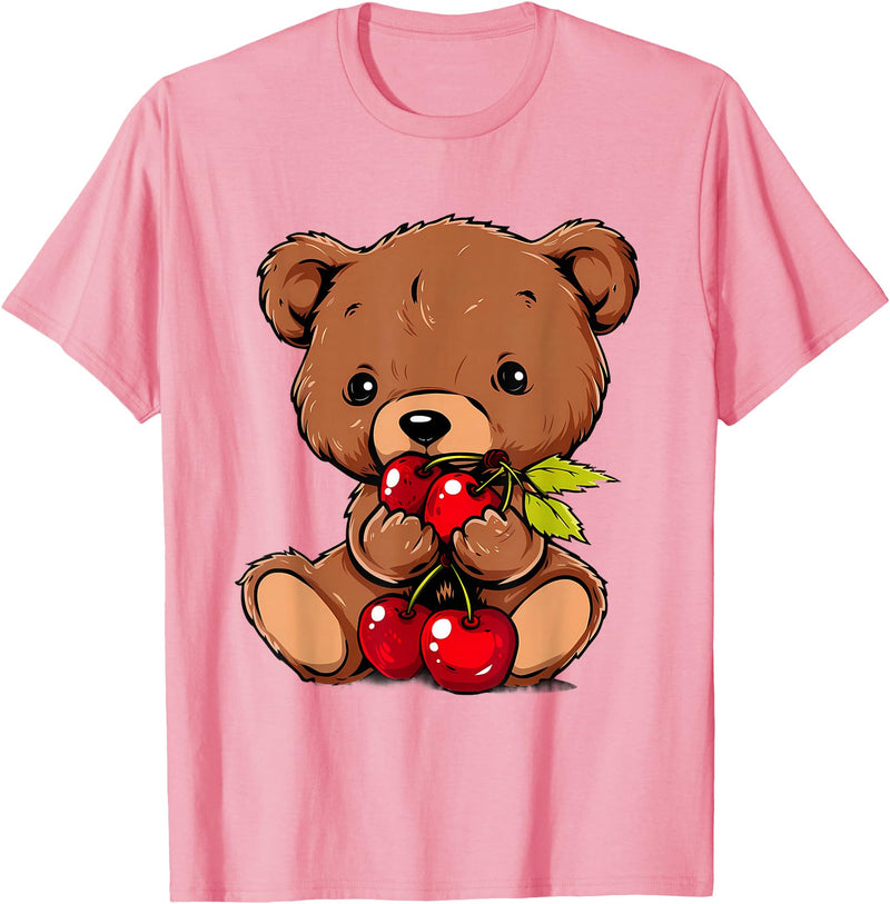 Cute Cherry Animals Cherry Bear Cute Bear Nature Cherry Fruit Artwork Wildlife T-Shirt - Pink