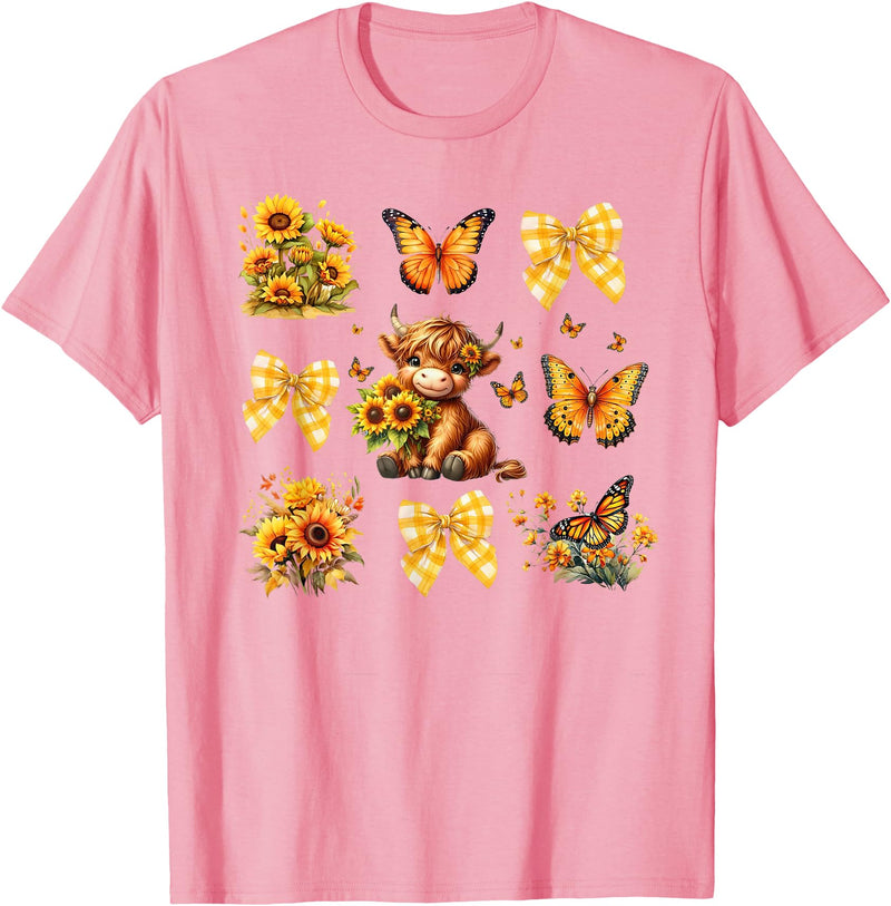 Coquette Bow Scottish Highland Cow Sunflower Shirt Baby Highland Cow With Sunflower Butterflies Farm Western T-Shirt - Pink