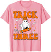 3 Year Old Boy Birthday Gift For Spooky Boys Kids Trick or Three 3rd Halloween Birthday Ghost Skateboarding T-Shirt - Pink