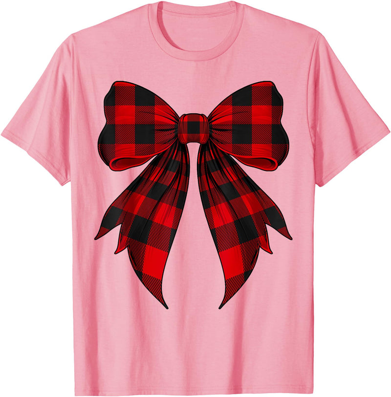 Buffalo Tartan Coquette Aesthetic Women Gifts Coquette Bow Red Black Buffalo Tartan Checkered Plaid T-Shirt - Pink