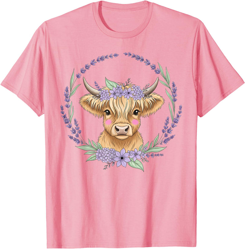 Unique Highland Cow Gifts Girls Cute Baby Highland Cow Design Purple Flowers Farm Toddler T-Shirt - Pink