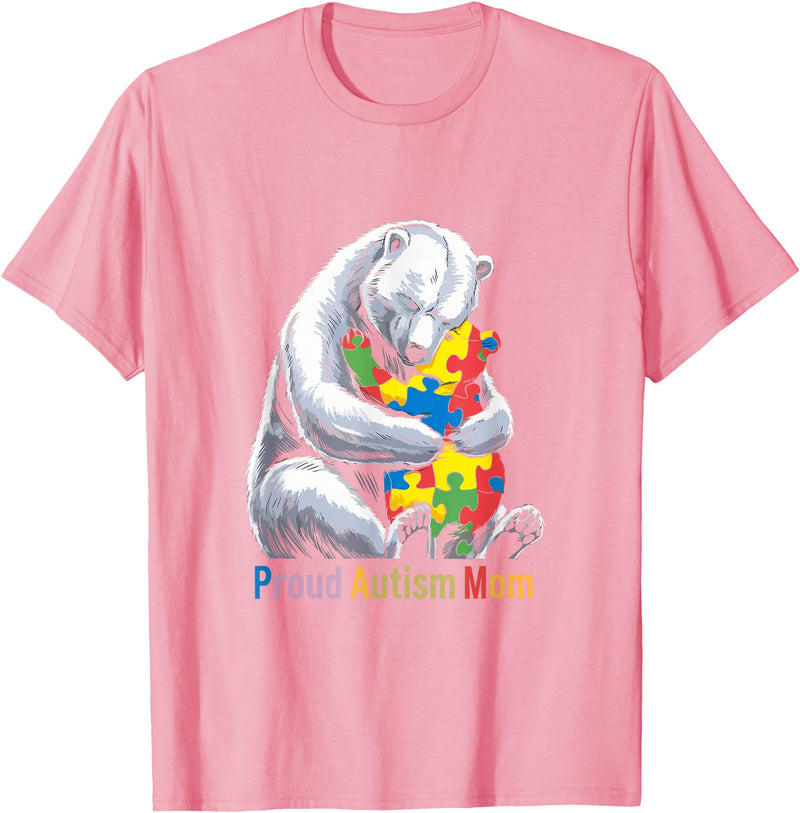 Autism Mama Mom Bear Support Autism Proud Autism Mom Bear Autism Awareness Month T-Shirt - Pink