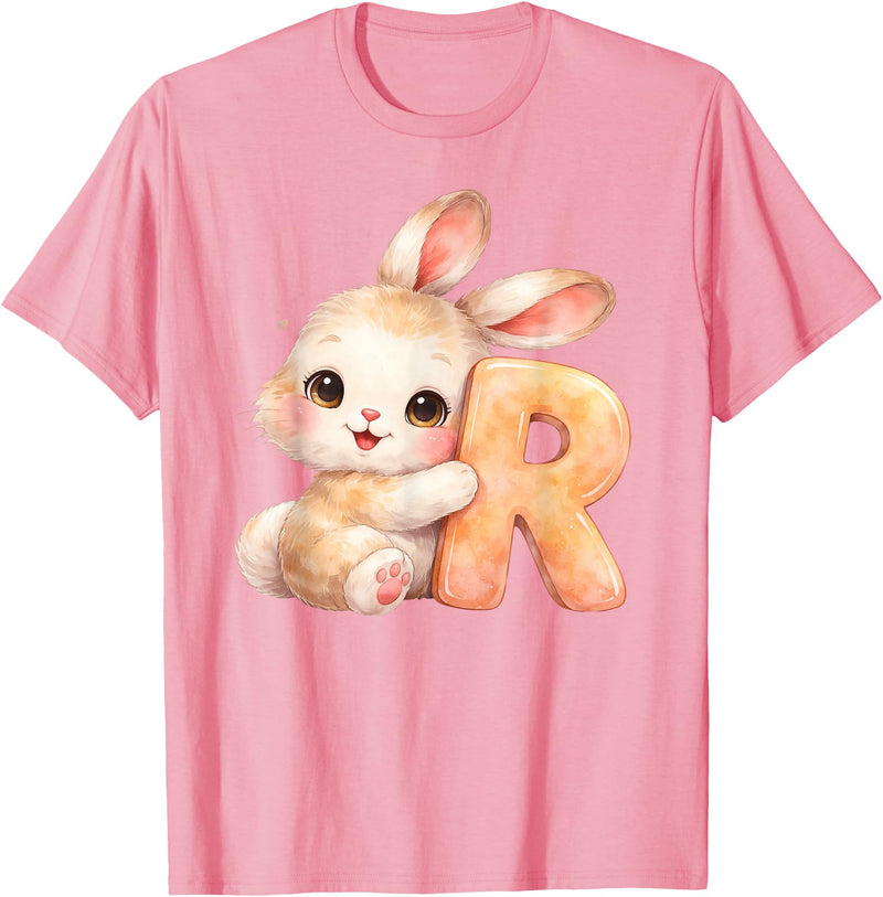 Letter R Rabbit Watercolor Cute Baby Animal Alphabet Initial T-Shirt in Pink