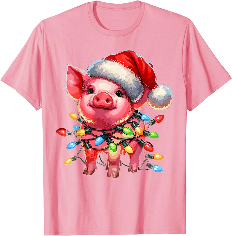 Christmas Pig Lover Christmas Light Pig Lover T-Shirt - Pink