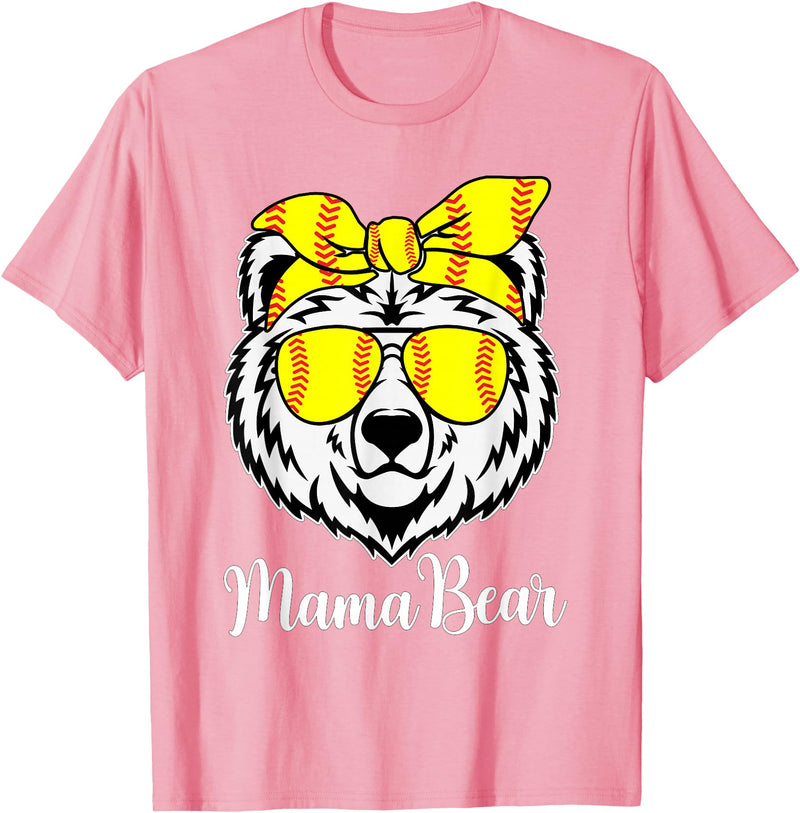 Mama Bear Face Apparel Softball Mama Bear With Sunglasses Bandana Momma Mothers Dy T-Shirt - Pink