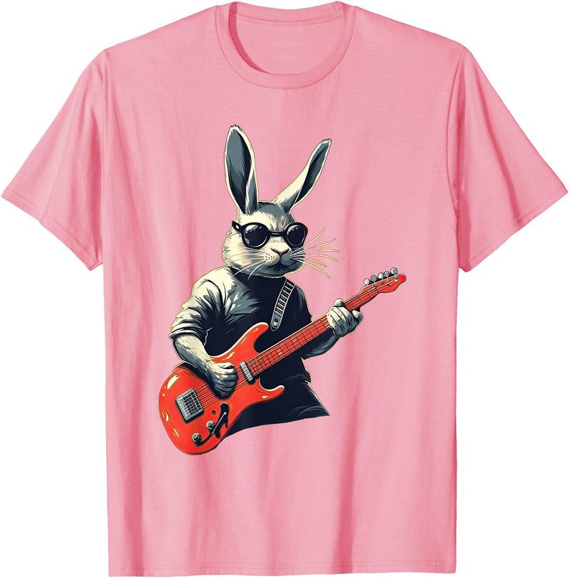 Rabbit Bunny Wearing Sunglasses Playing Guitar Musician T-Shirt in Pink