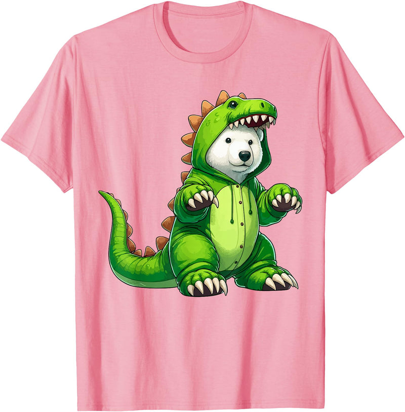 Scary Polar Bear Dinosaur Halloween Lazy Costume Polar Bear Wearing Dinosaur Costume Halloween Cosplay T-Rex T-Shirt - Pink