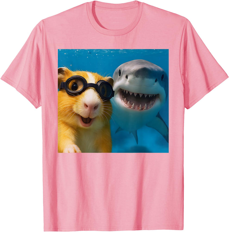 Selfie Guinea Pig and Shark Summer Scuba Diving Funny Guinea Pig Selfie with Shark Ocean Lovers T-Shirt - Pink