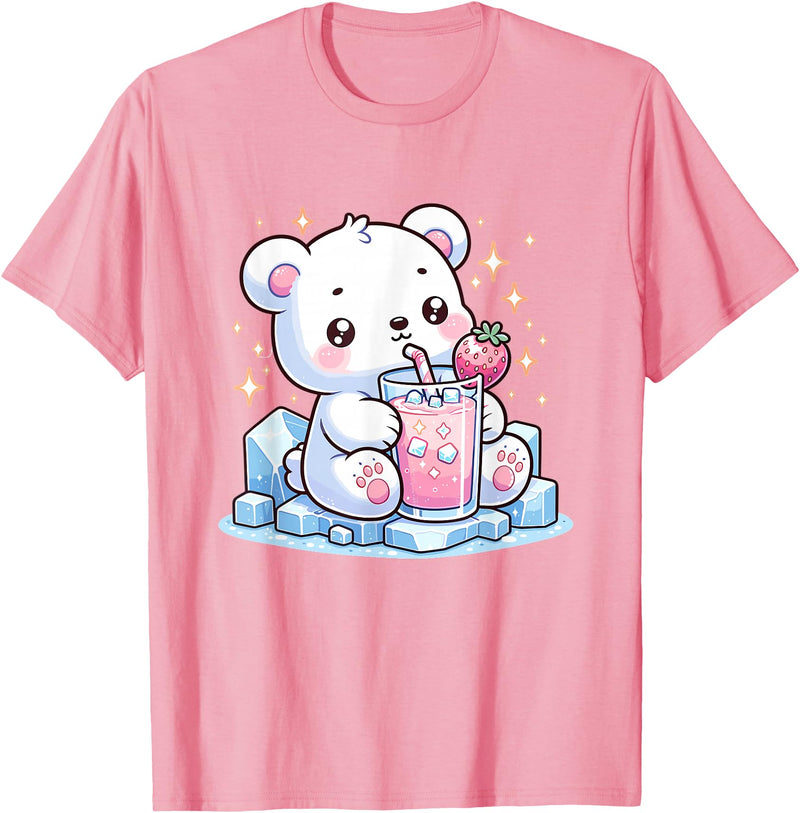Cute Japanese Kawaii Animals Drinking Milk Co. Cute Kawaii Style Polar Bear Drinking Strawberry Milk T-Shirt - Pink