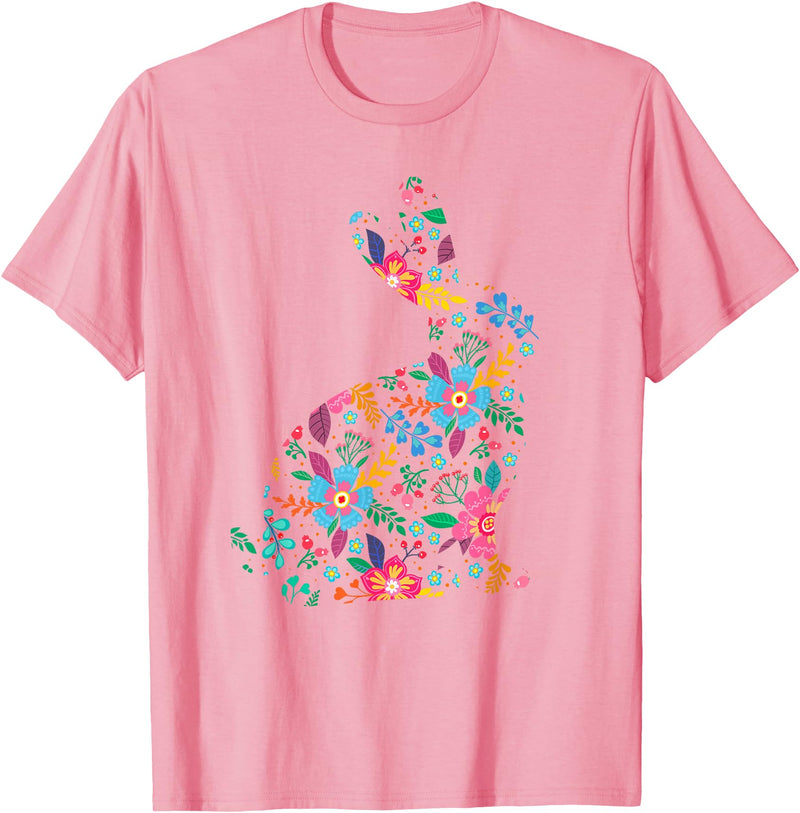 Floral Easter Women Girls Easter Bunny Spring Flowers Rabbit T-Shirt in Pink