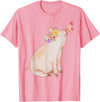 Watercolor Pink Pig With Floral And Butterfly Farm Design T-Shirt - Pink
