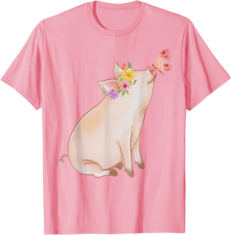 Watercolor Pink Pig With Floral And Butterfly Farm Design T-Shirt - Pink