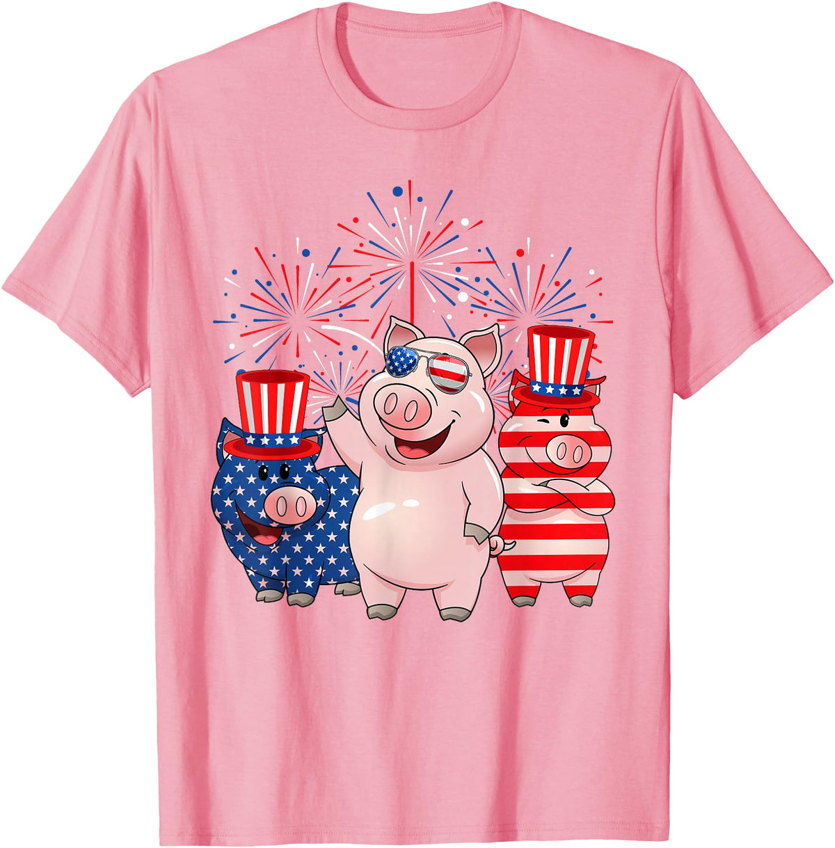 Ohia Three Patriotic Pigs USA Independence Day Tee Funny Red White Blue Pig American Flag Farmer 4th Of July T-Shirt - Pink