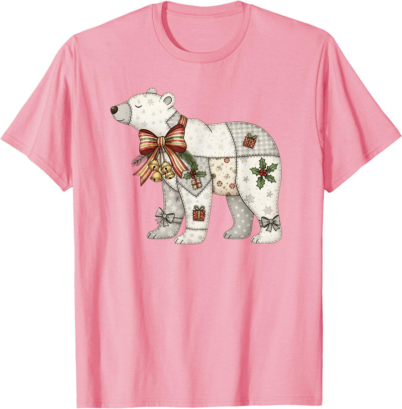 Cute Polar Bear Xmas Quilt Winter Holiday Patchwork Polar Bear Cute Christmas Quilt T-Shirt - Pink