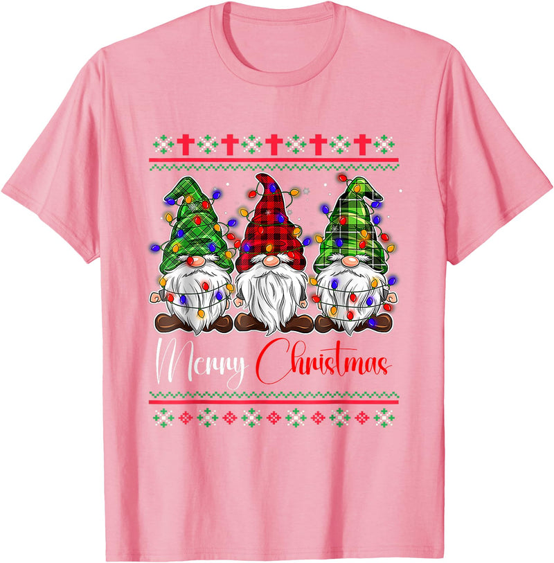 Xmas Lights Gnomes Holiday Graphics Merry Christmas Leopard Buffalo Red Plaid for Men Women T-Shirt - Pink