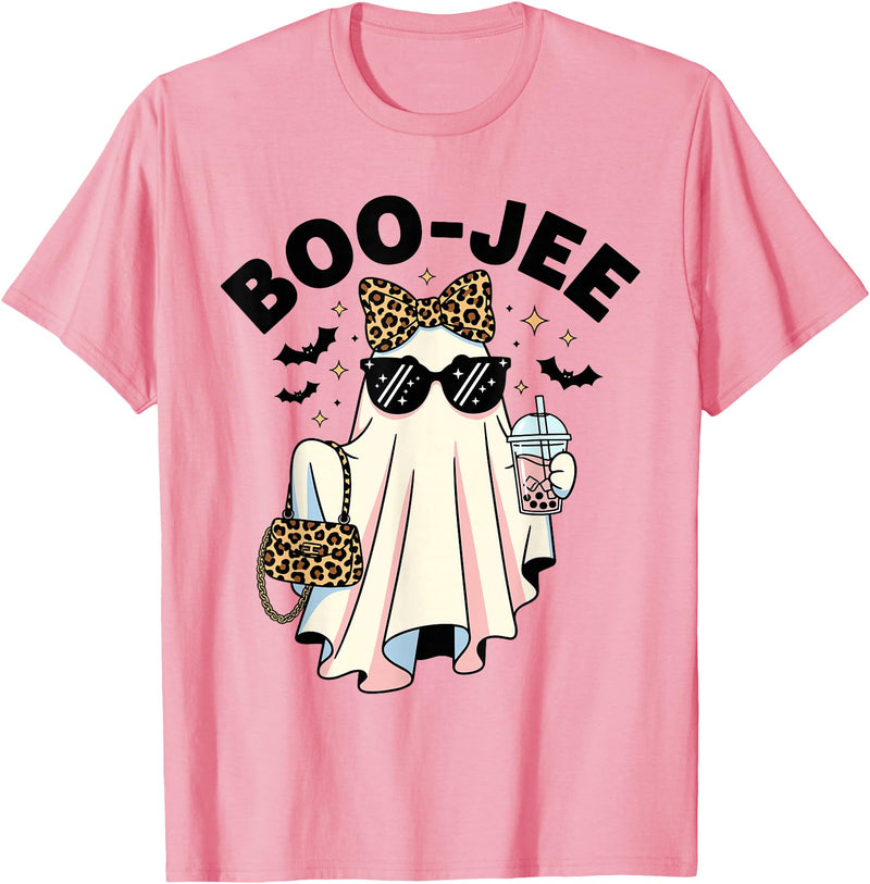 Boo-Jee Ghost Halloween Tees for Women Women Girls BOU-JEE Ghost Boba Leopard Sassy Halloween T-Shirt - Pink