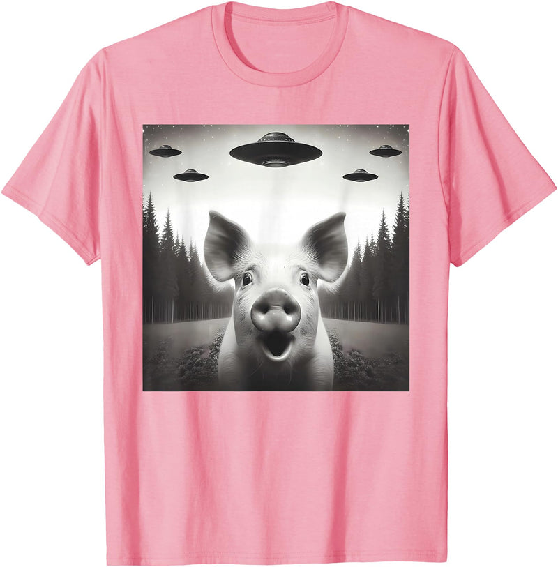 Funny Pig Selfie With UFOs Funny Pig Selfie UFO Alien Humor Vintage Print Art Design T-Shirt - Pink