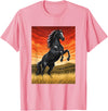 Horse Ranch Cowboy Western Equine Stallion Wy Black Horse Rearing Sunset Ranch Horse Art Print Wy T-Shirt - Pink