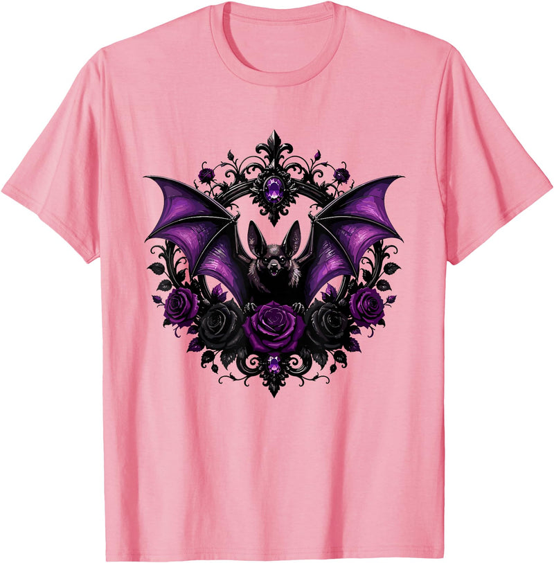 Gothic Purple Bat Roses Dark Aesthetic Halloween Vampire Bat with Purple Roses Gothic Halloween T-Shirt - Pink
