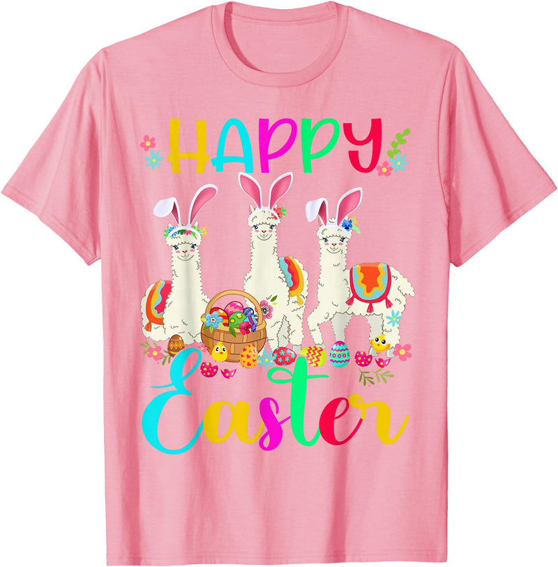 Happy Easter Three Llama Wearing Bunny Ear Happy Easter Llama Lover Three Llama Wearing Bunny Ear T-Shirt - Pink