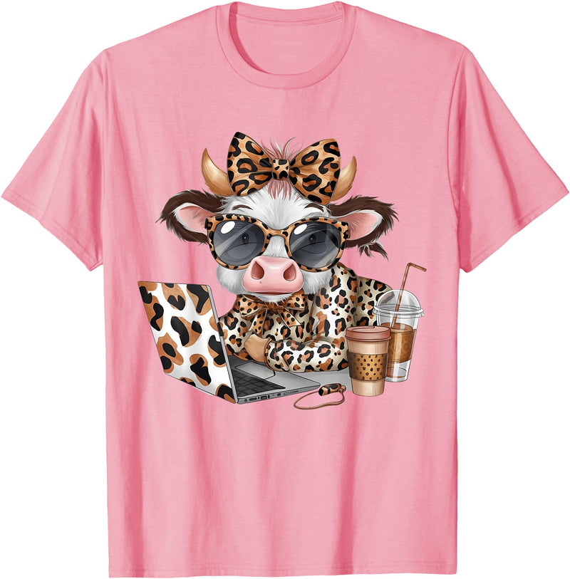 Cute Highland Cow Coffee Addict Cute Cow Leopard Coquette Coffee Lover Girls Women T-Shirt - Pink
