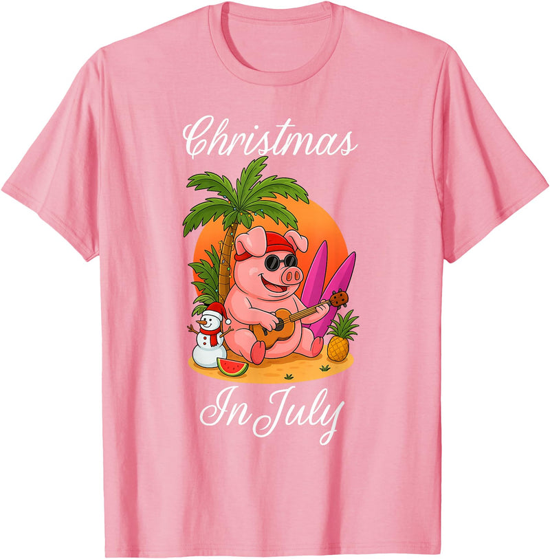 Cute Funny Pig Christmas Xmas Summer Vacation Gift Christmas In July Cute Pig Funny Summer Vacation Beach Vibes T-Shirt - Pink