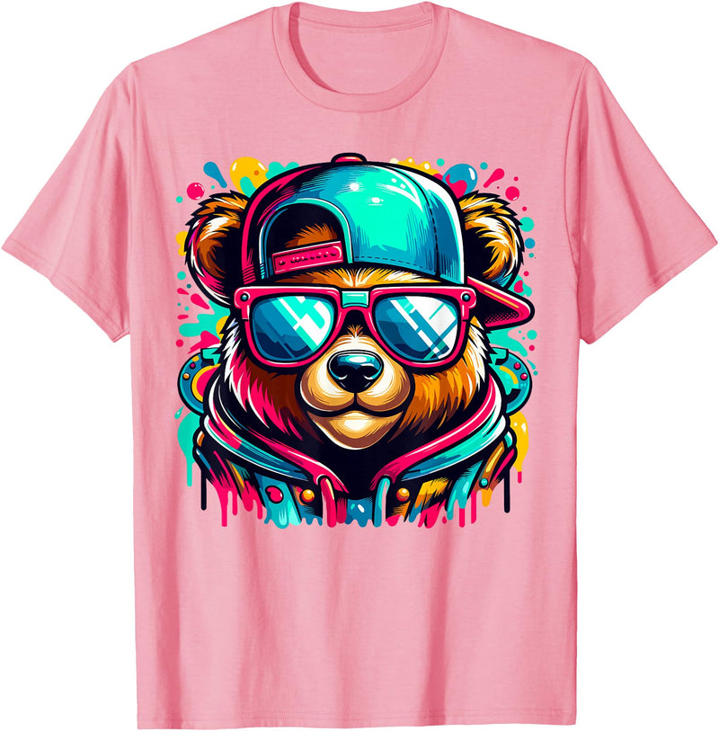 Funny Teddy Bear Lovers Colorful Hip Hop Teddy Bear Sunglasses Rap Music T-Shirt - Pink