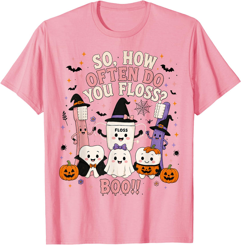Funny Dental Dentist Halloween Tees How Often Do You Floss Funny Halloween Dentist Dental T-Shirt - Pink
