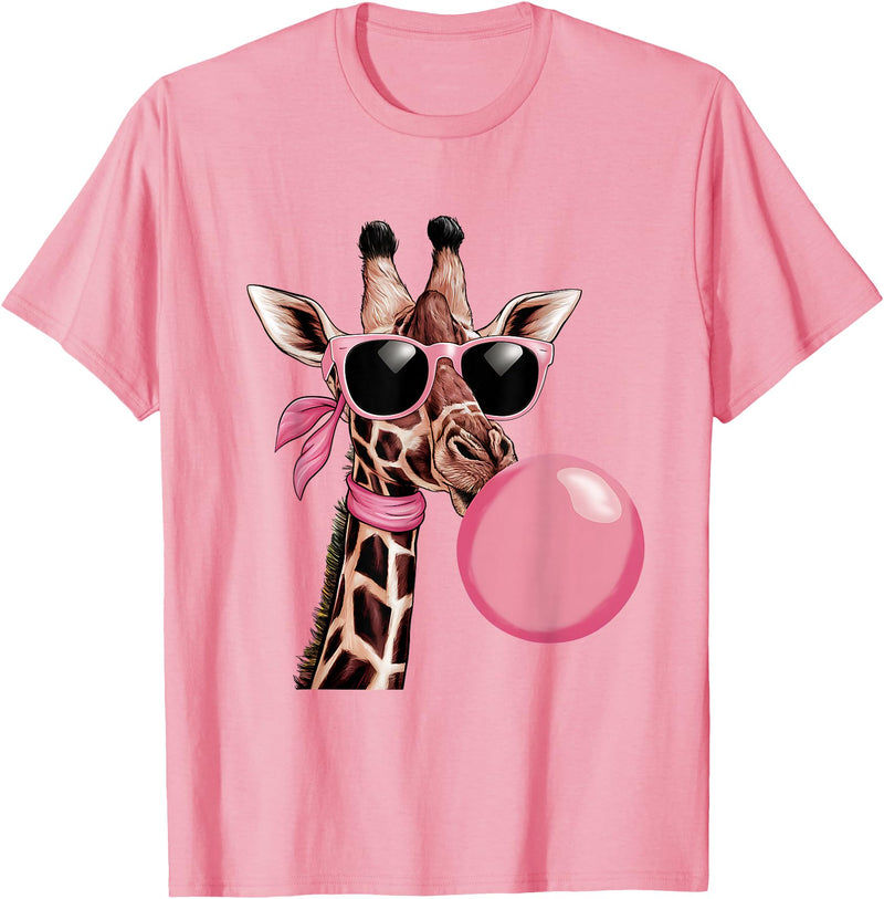 Funny Giraffe Lover Design Outfit Funny Cute Giraffe Pink Bubble Gum and Pink Sunglasses T-Shirt - Pink