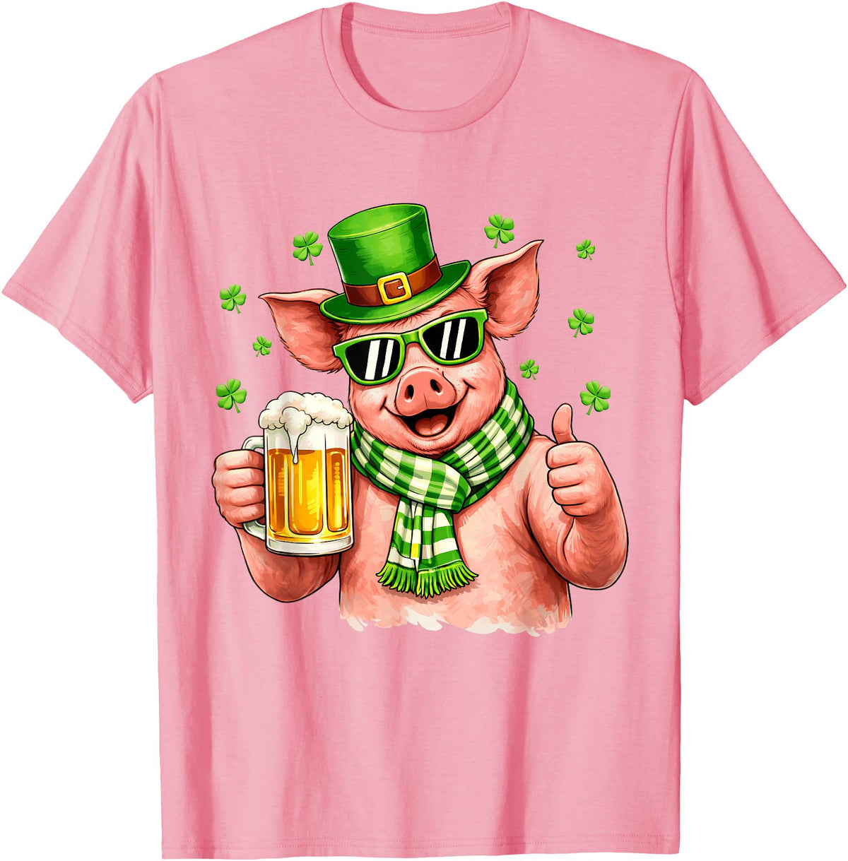 Amt Pig & Drinking Beer Lovers Saint Patrick's Day Funny Pig Drinking Beer Leprechaun Shamrocks St Patricks Day T-Shirt - Pink