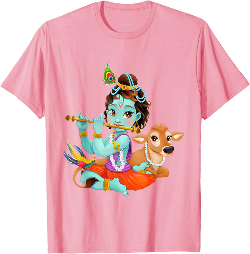 Clever Witty Designs Hindu god Lord Shri Krishna with a Cow and a Bird T-Shirt - Pink