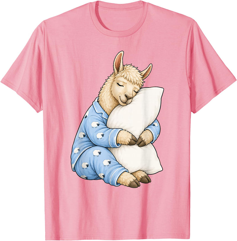 Funny Sleepy Llama Animal Lovers Pajama Llama Sleeping in Cute Pajamas Sleep T-Shirt - Pink