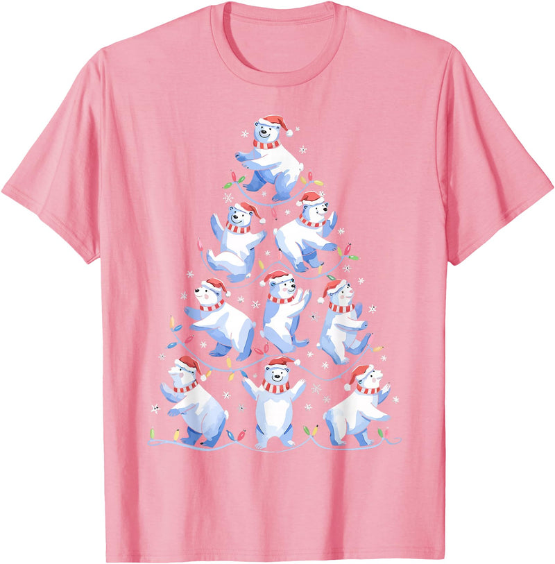 White Giant Christmas Tree Lights Santa Hats Polar Bear Christmas Tree Funny Ice Bear Holiday T-Shirt - Pink