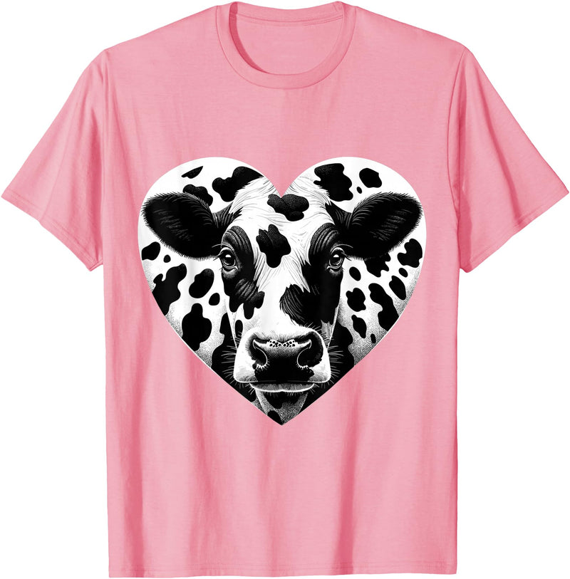 Humorous Gifts for Cow Farmer Cow Print Heart Cow Farmer Girl T-Shirt - Pink