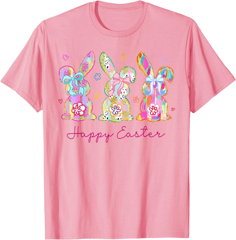 Funny Bunny Three Rabbits Eggs Happy Easter Tie Dye Trendy T-Shirt in Pink