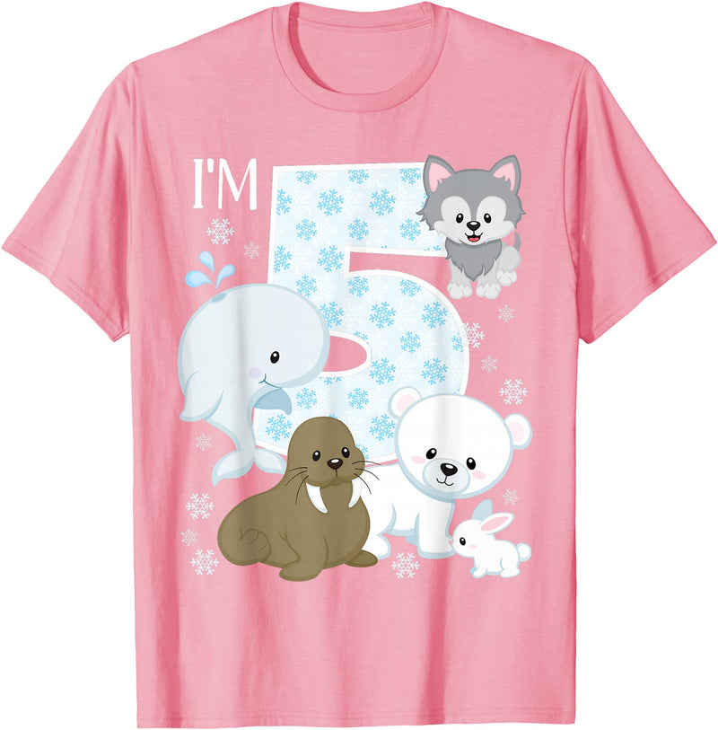 Arctic Animals Birthday Party Family Matching Bday Arctic Animals 5th Birthday Polar Bear Walrus Fox Sea Theme T-Shirt - Pink