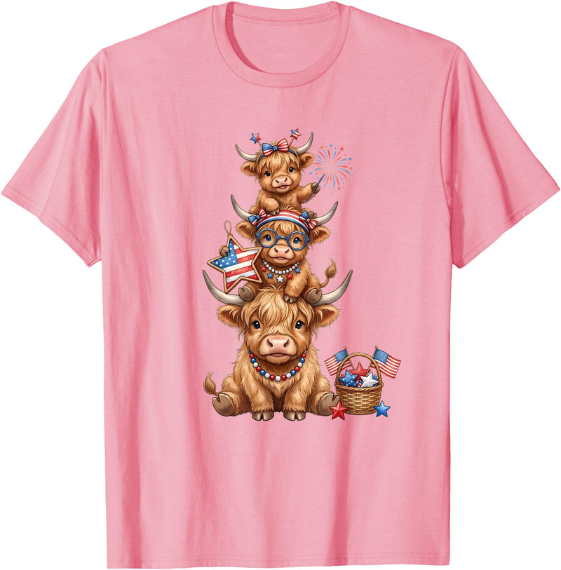 Funny 4th Of July Highland Cow Apparel Cute Highland Cow 4th of July Patriotic American Flag T-Shirt - Pink