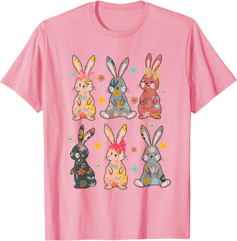 Vintage Retro Bunny Floral Flower Rabbit Easter Day Womens T-Shirt in Pink